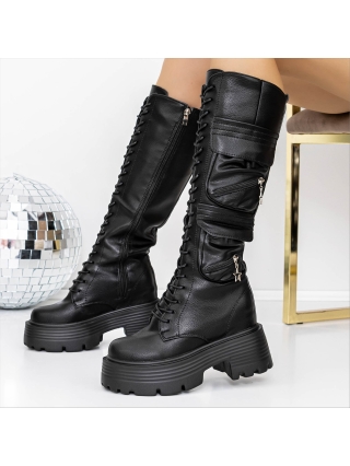 Ghete dama cu platforma negre din piele ecologica Odetta - Kalapod.net