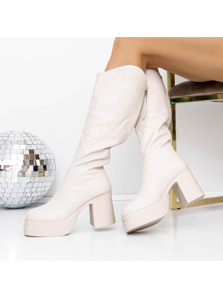 Cizme Dama , Cizme dama cu toc bej din piele ecologica Izada - Kalapod.net