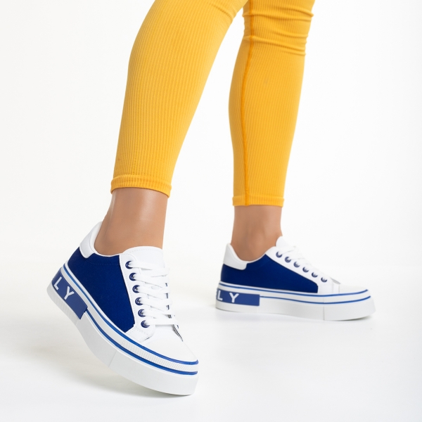 Pantofi sport dama albi cu albastru din piele ecologica si material textil Calandra - Kalapod.net