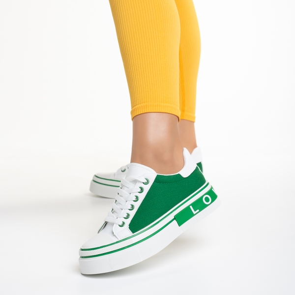 Pantofi sport dama albi cu verde din piele ecologica si material textil Calandra, 4 - Kalapod.net