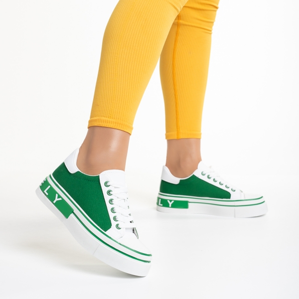 Pantofi sport dama albi cu verde din piele ecologica si material textil Calandra - Kalapod.net