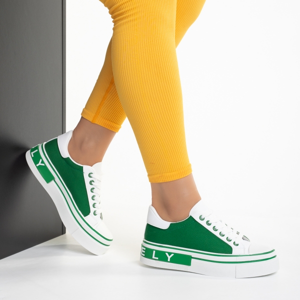 Pantofi sport dama albi cu verde din piele ecologica si material textil Calandra, 5 - Kalapod.net