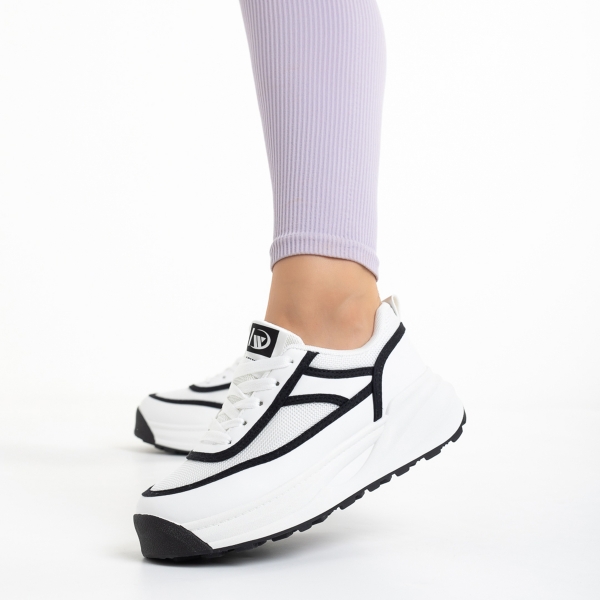 Pantofi sport dama albi cu negru din piele ecologica si material textil Sarina - Kalapod.net