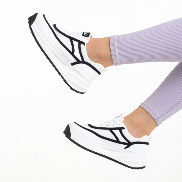 Pantofi sport dama albi cu negru din piele ecologica si material textil Sarina, 6 - Kalapod.net