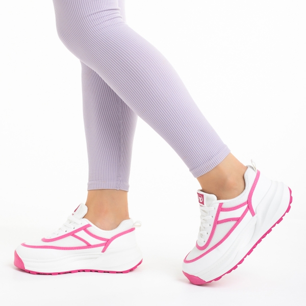 Pantofi sport dama albi cu roz din piele ecologica si material textil Sarina, 3 - Kalapod.net