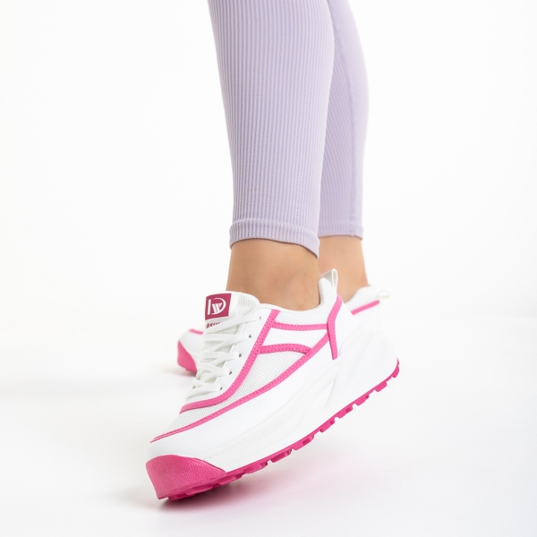 Pantofi sport dama albi cu roz din piele ecologica si material textil Sarina - Kalapod.net