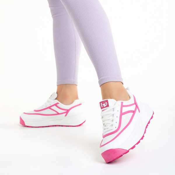 Pantofi sport dama albi cu roz din piele ecologica si material textil Sarina, 4 - Kalapod.net