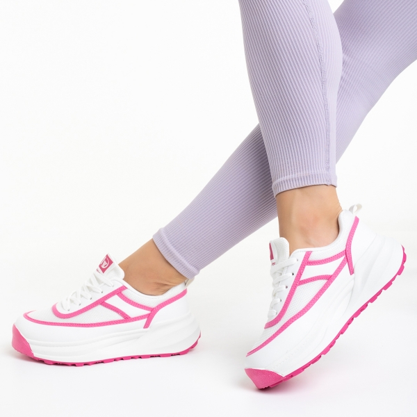 Pantofi sport dama albi cu roz din piele ecologica si material textil Sarina, 5 - Kalapod.net
