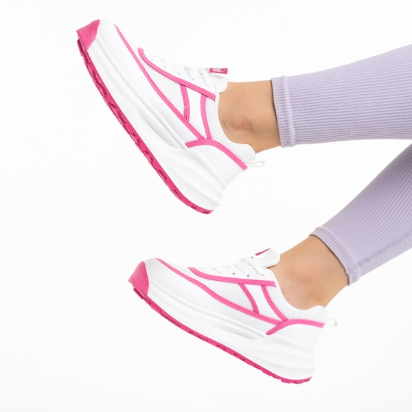 Pantofi sport dama albi cu roz din piele ecologica si material textil Sarina, 6 - Kalapod.net