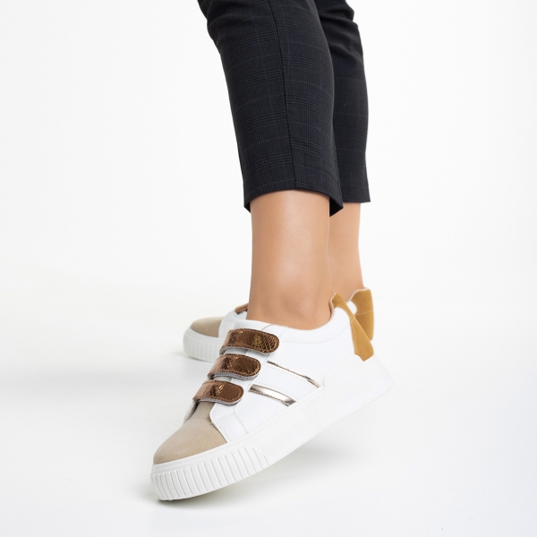 Pantofi sport dama albi cu bej inchis din piele ecologica Oakley - Kalapod.net