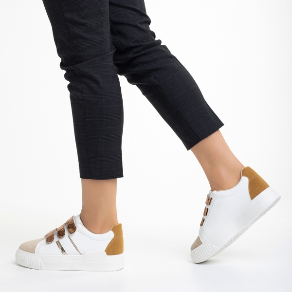 Pantofi sport dama albi cu bej inchis din piele ecologica Oakley, 3 - Kalapod.net