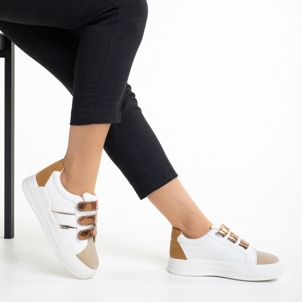 Pantofi sport dama albi cu bej inchis din piele ecologica Oakley, 5 - Kalapod.net