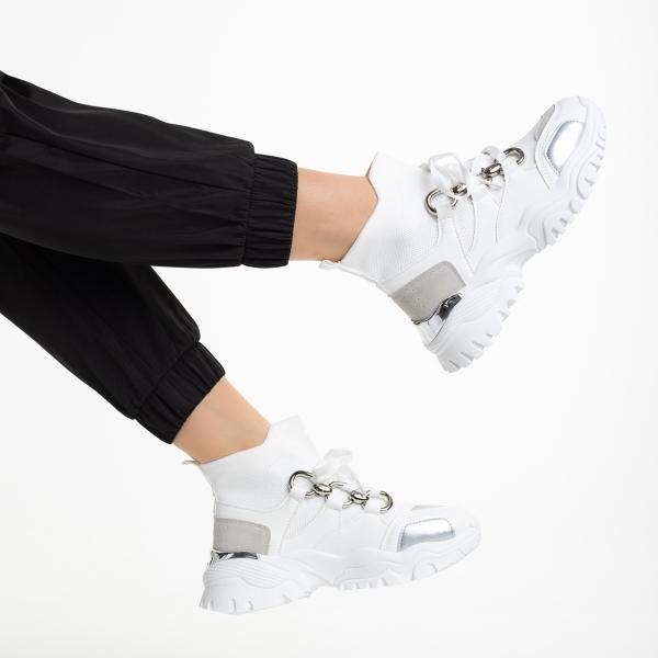 Pantofi sport dama albi din piele ecologica si material textil Raylan - Kalapod.net