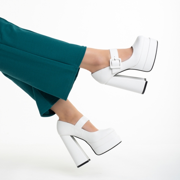 Pantofi dama albi din piele ecologica cu toc Beatrix - Kalapod.net