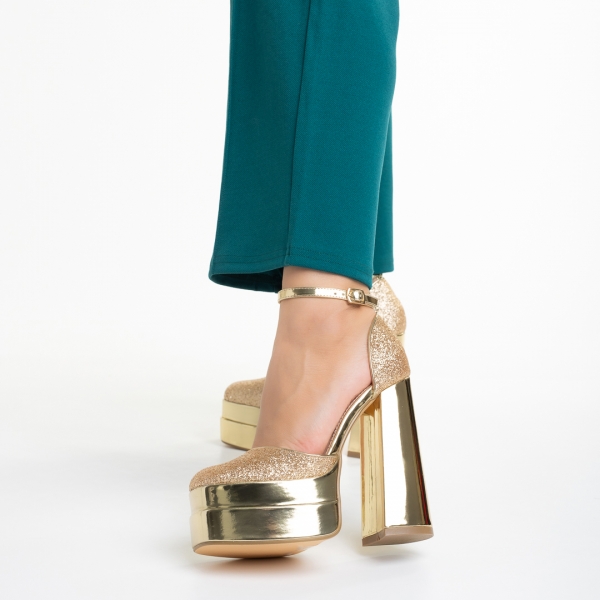 Pantofi dama aurii din material textil cu toc Elara - Kalapod.net