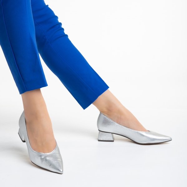Pantofi dama argintii din material textil cu toc Ziva, 4 - Kalapod.net