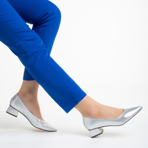 Pantofi dama argintii din material textil cu toc Ziva, 5 - Kalapod.net
