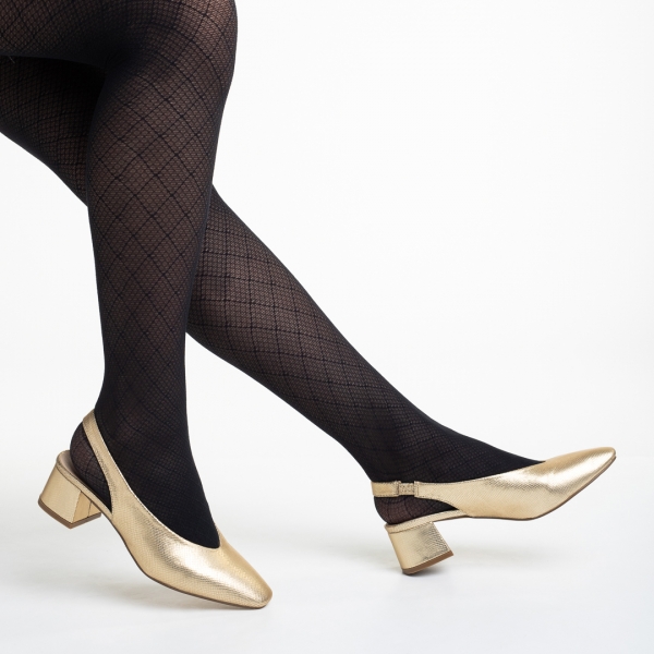 Pantofi dama aurii din piele ecologica cu toc Zelda - Kalapod.net