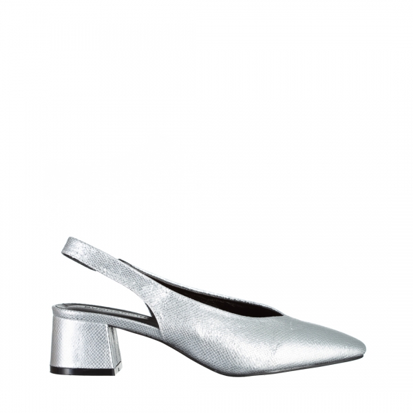 Pantofi dama argintii din piele ecologica cu toc Zelda, 2 - Kalapod.net