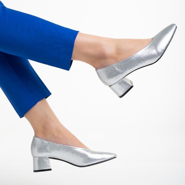 Pantofi dama argintii din piele ecologica cu toc Veda, 6 - Kalapod.net