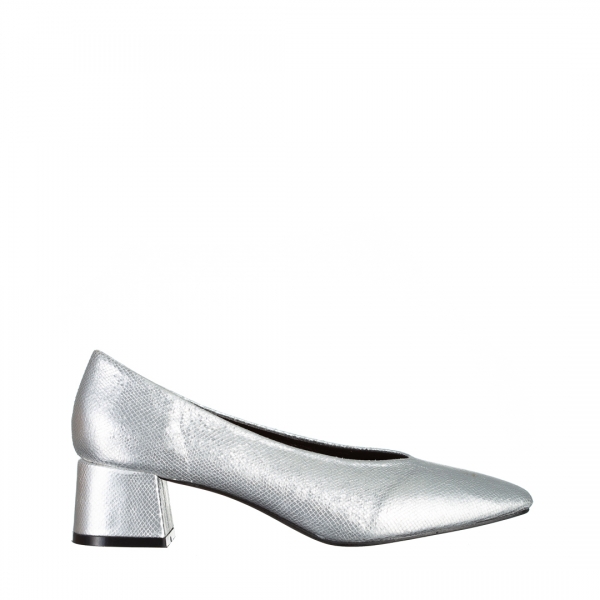 Pantofi dama argintii din piele ecologica cu toc Veda, 2 - Kalapod.net