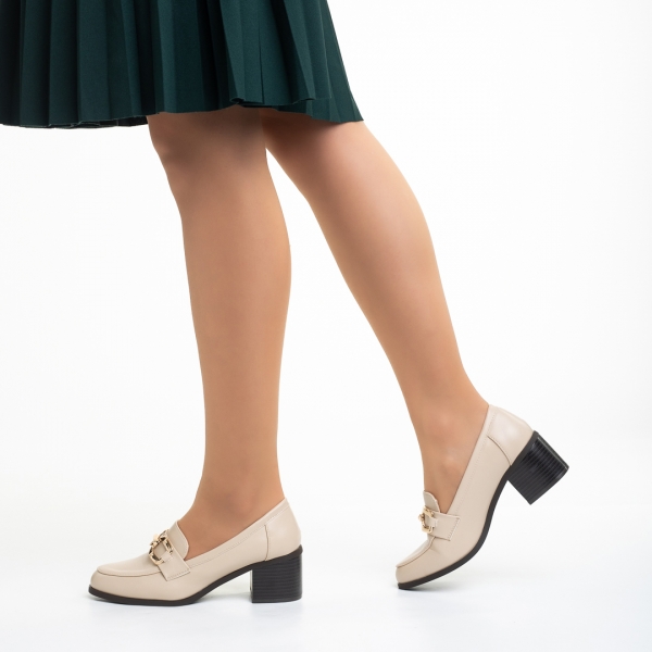 Pantofi dama bej din piele ecologica cu toc Quintina - Kalapod.net