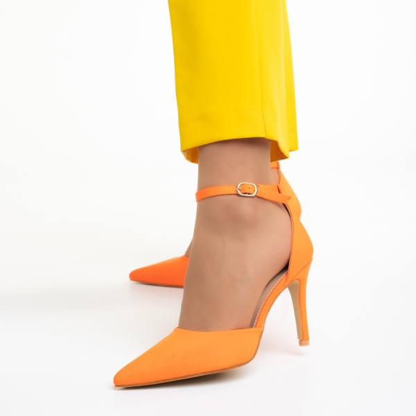Pantofi dama portocalii din material textil cu toc Florene , 3 - Kalapod.net