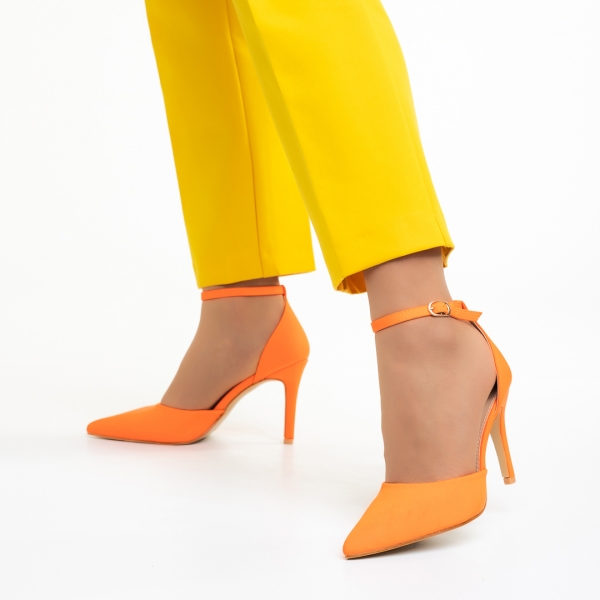 Pantofi dama portocalii din material textil cu toc Florene , 4 - Kalapod.net