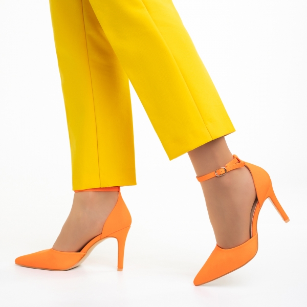 Pantofi dama portocalii din material textil cu toc Florene  - Kalapod.net