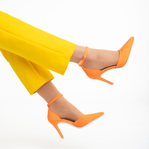 Pantofi dama portocalii din material textil cu toc Florene , 6 - Kalapod.net