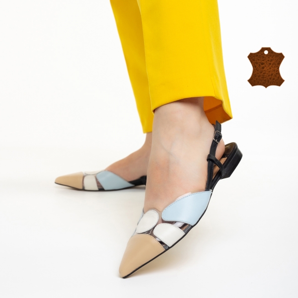 Pantofi dama Marco bej cu albastru din piele naturala Alfonsina - Kalapod.net