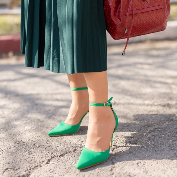 Pantofi dama verzi din material textil cu toc Florene  - Kalapod.net