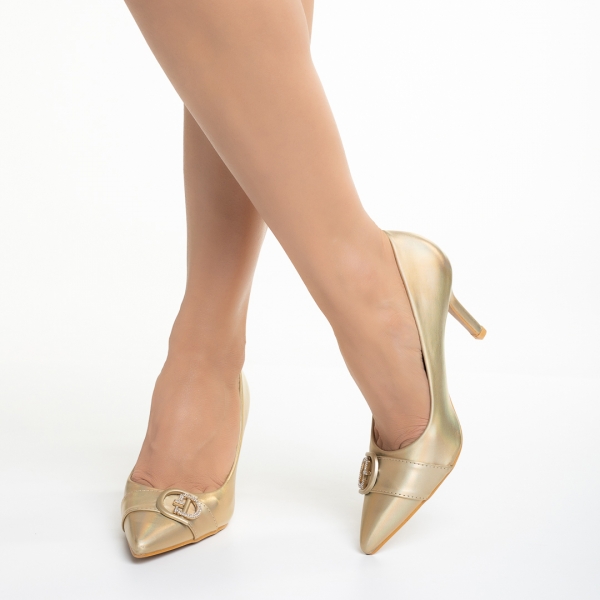Pantofi dama aurii cu toc din piele ecologica Yuka, 5 - Kalapod.net