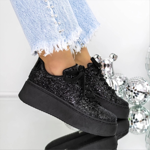 Pantofi sport dama negri din material textil cu sclipici Novela - Kalapod.net