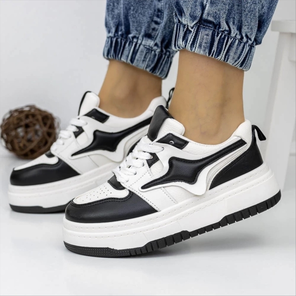 Pantofi sport dama albi cu negru din piele ecologica si material textil Agatina - Kalapod.net