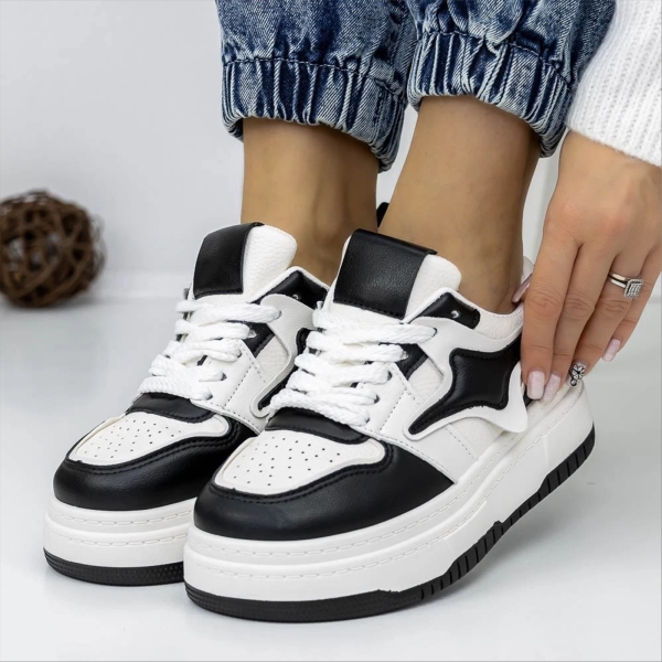 Pantofi sport dama albi cu negru din piele ecologica si material textil Agatina, 2 - Kalapod.net