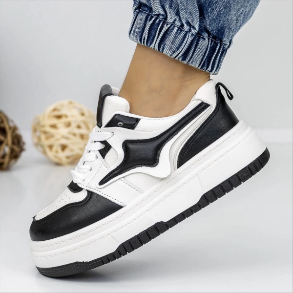 Pantofi sport dama albi cu negru din piele ecologica si material textil Agatina, 3 - Kalapod.net