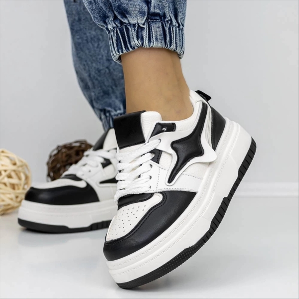 Pantofi sport dama albi cu negru din piele ecologica si material textil Agatina, 4 - Kalapod.net