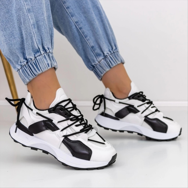 Pantofi sport dama albi cu negru din piele ecologica Kezia - Kalapod.net