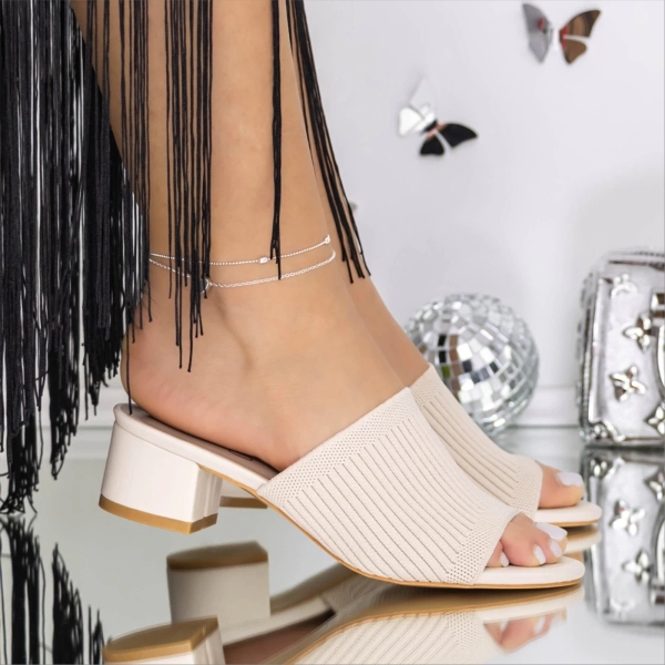 Papuci dama cu toc bej deschis din material textil Raysa, 2 - Kalapod.net