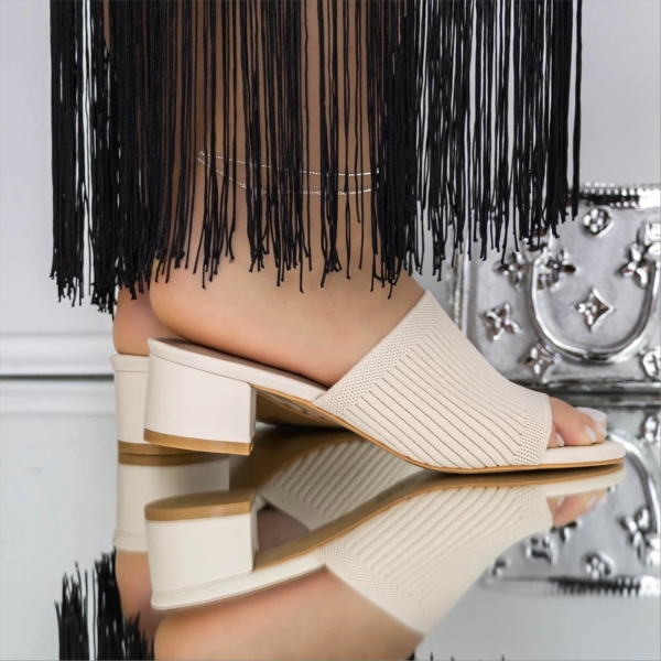 Papuci dama cu toc bej deschis din material textil Raysa, 4 - Kalapod.net