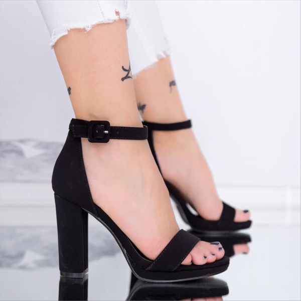 Sandale dama cu toc negre din material textil Sanola - Kalapod.net