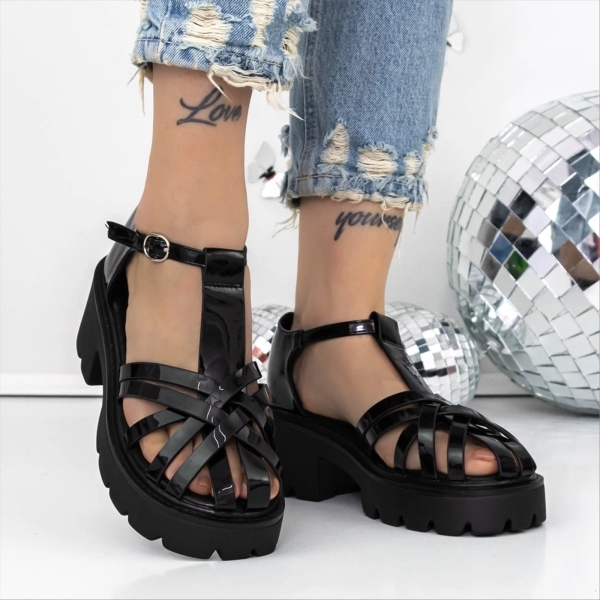 Sandale dama cu toc si platforma negre din piele ecologica lacuita Starla, 3 - Kalapod.net