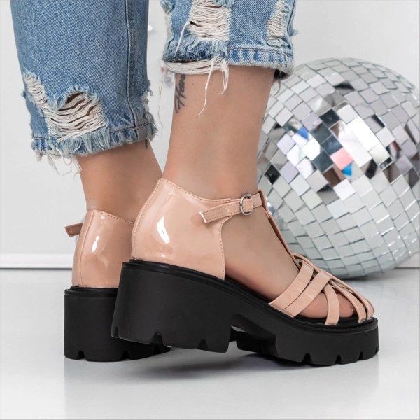 Sandale dama cu toc si platforma bej din piele ecologica lacuita Starla, 4 - Kalapod.net