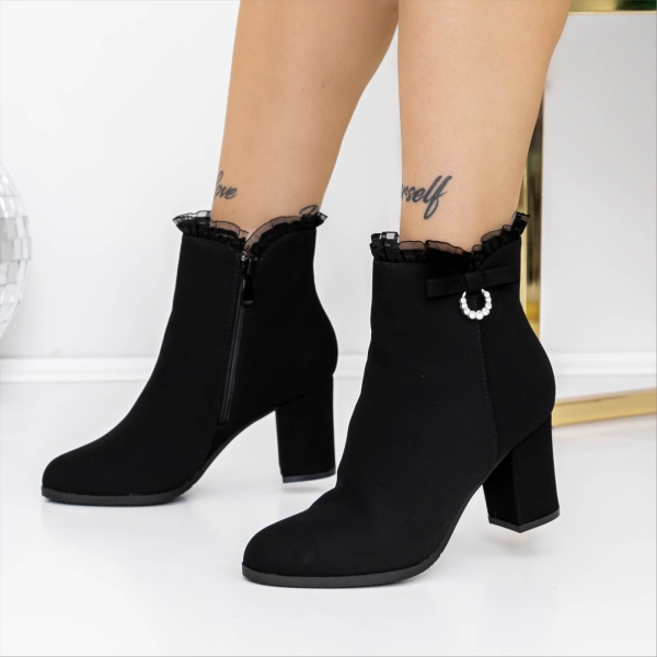 Botine dama cu toc negre din material textil Kamana - Kalapod.net