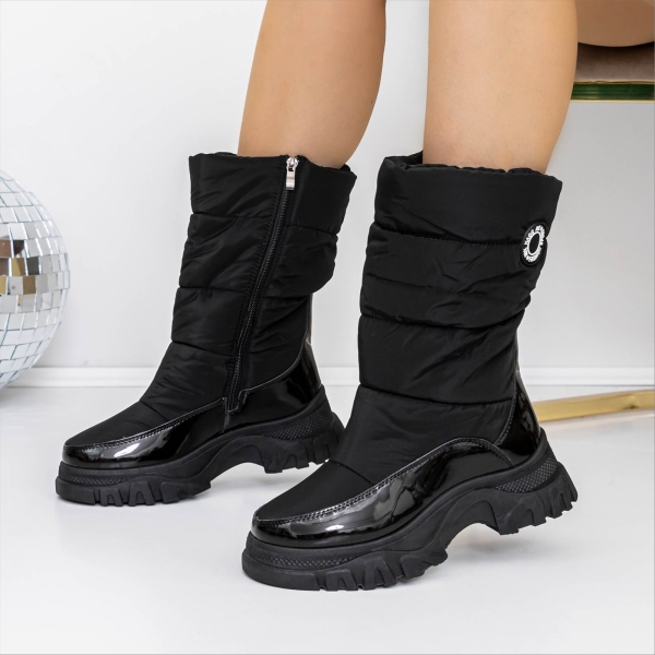 Cizme dama negre din piele ecologica lacuita si material textil Elistra - Kalapod.net