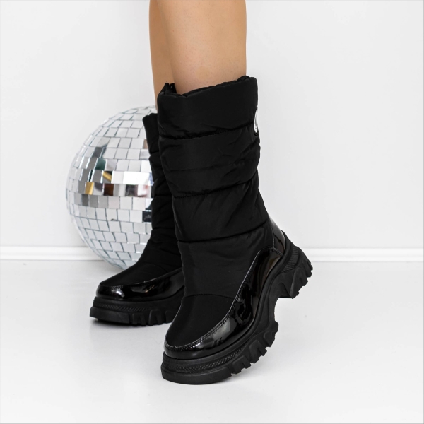 Cizme dama negre din piele ecologica lacuita si material textil Elistra, 3 - Kalapod.net