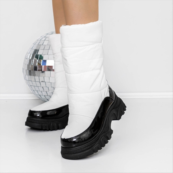 Cizme dama albe cu negru din piele ecologica lacuita si material textil Elistra, 3 - Kalapod.net