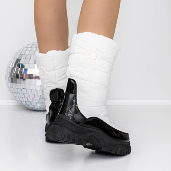 Cizme dama albe cu negru din piele ecologica lacuita si material textil Elistra, 4 - Kalapod.net