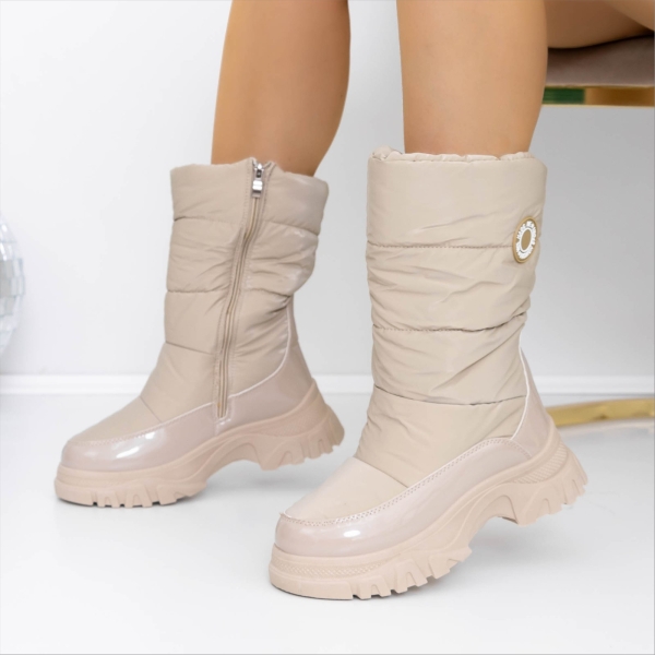 Cizme dama bej din piele ecologica lacuita si material textil Elistra, 2 - Kalapod.net